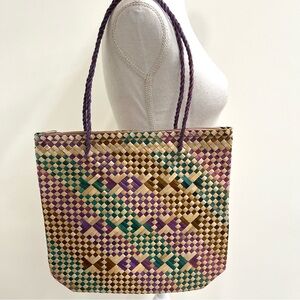 handwoven pandan straw tote handbag bayong made in the Philippines purple green